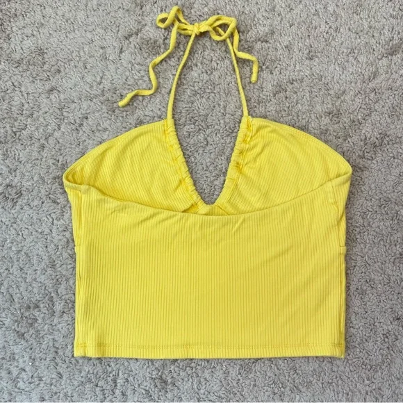 Aritzia Wilfred Yellow Merci Ribbed Halter Crop Top Size Medium - Picture 3 of 13